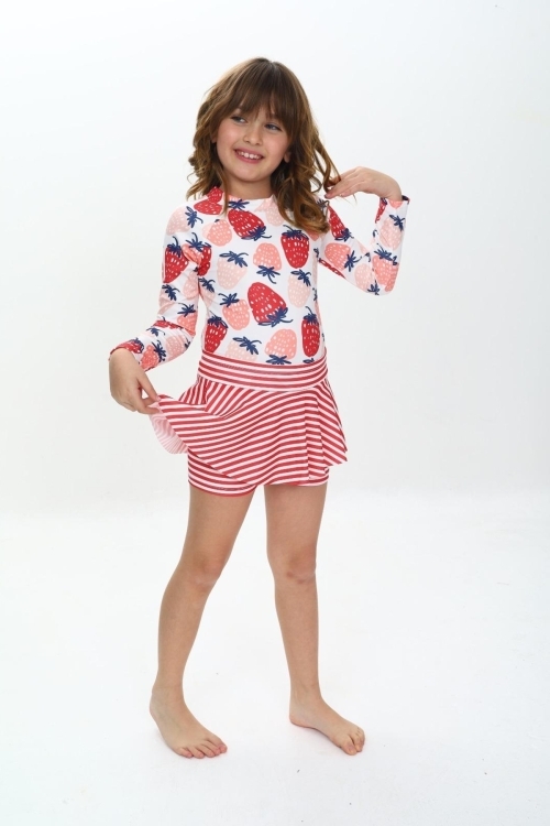 Kız Çocuk Şort Etekli Uzun Kollu Mayo Takımı 3-10 Yaş 12228