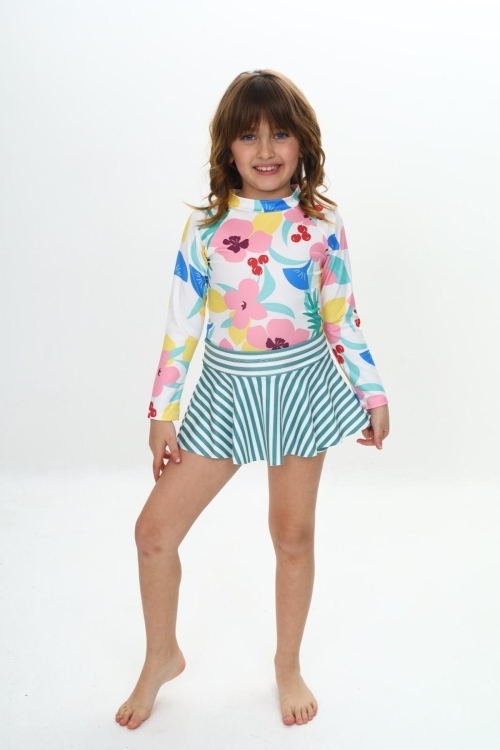 Kız Çocuk Şort Etekli Uzun Kollu Mayo Takımı 3-10 Yaş 12228