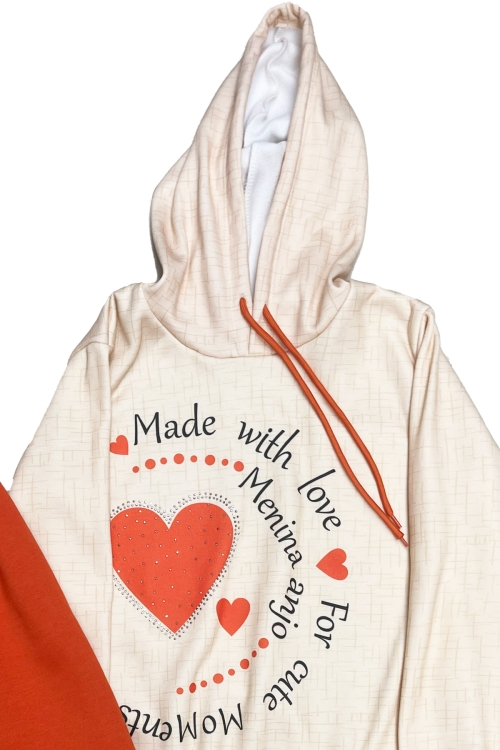 Kız Çocuk Taş Süslemeli Kapüşonlu Ribana Detaylı 3 İplik Alt-Üst Takım 12338