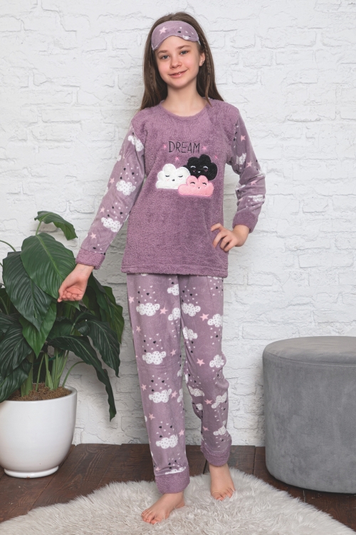 Kız Çocuk Welsoft Kumaş-Göz Bantlı Bulut Baskılı Pijama Takımı 12298