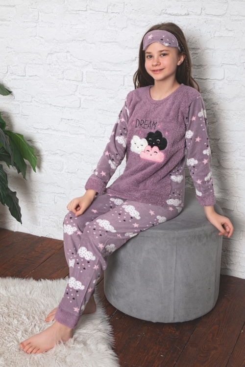 Kız Çocuk Welsoft Kumaş-Göz Bantlı Bulut Baskılı Pijama Takımı 12298