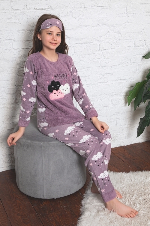 Kız Çocuk Welsoft Kumaş-Göz Bantlı Bulut Baskılı Pijama Takımı 12298