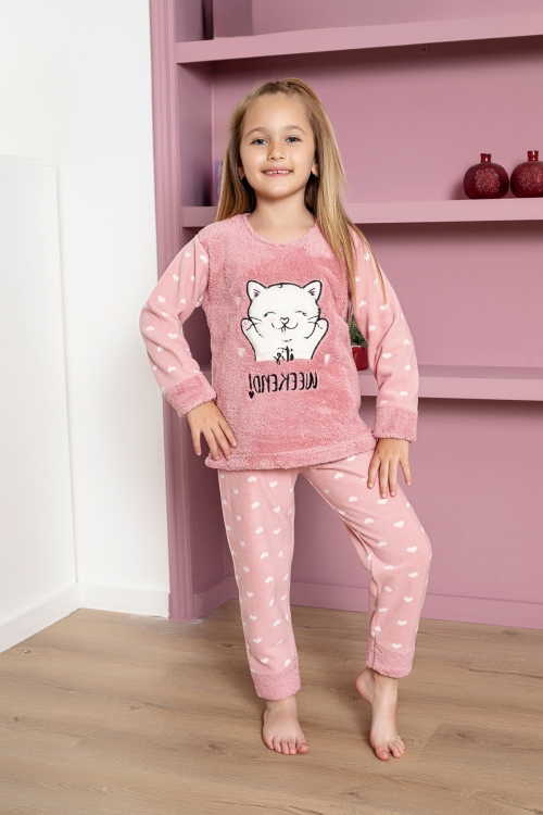 Kız Çocuk Welsoft Kumaş-Göz Bantlı Kedi ve Kalp Baskılı Pijama Takımı 12289