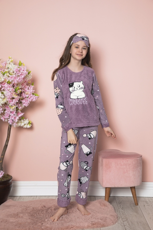 Kız Çocuk Welsoft Kumaş-Göz Bantlı Kedicik Baskılı Pijama Takımı 12282