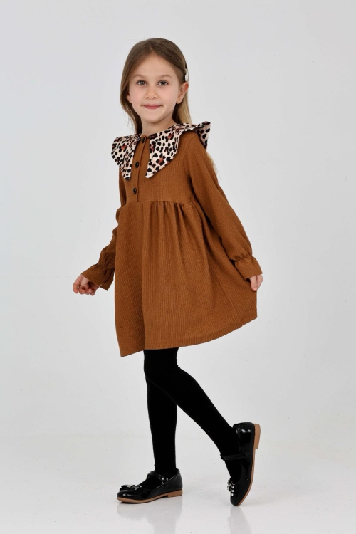 Kız Çocuk Yaka Desenli Bürümcük Elbise 12190