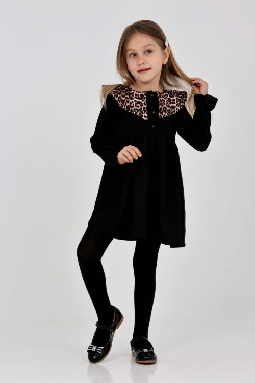 Kız Çocuk Yaka Desenli Bürümcük Elbise 12190