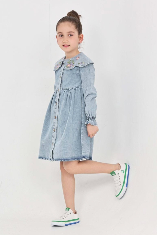 Kız Çocuk Yaka Detaylı ve Boydan Düğmeli Jean Elbise 12339