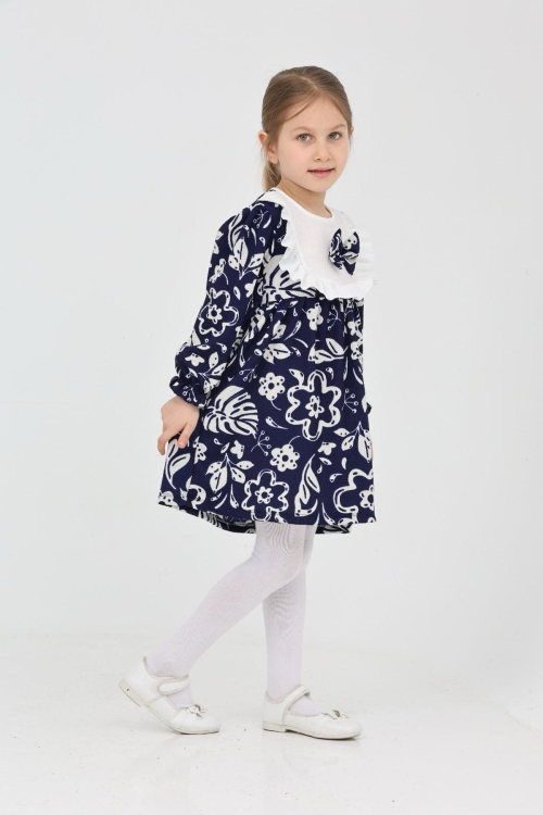 Kız Çocuk Yaka ve Fiyonk Detaylı Çiçek Desenli Bürümcük Elbise 12187