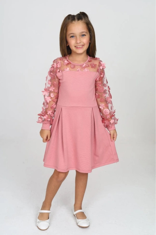Kız Çocuk Yaka ve Kolları Tüllü Elbise 12161