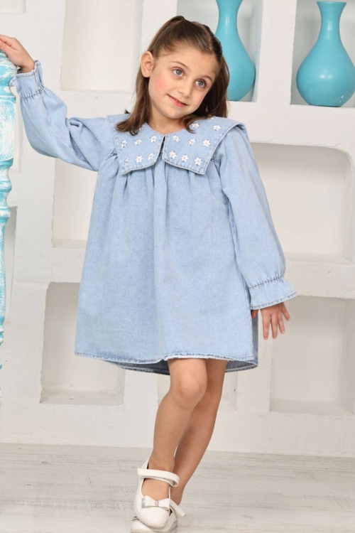 Kız Çocuk Yakası Nakış Papatya Detaylı Jean Elbise 12192