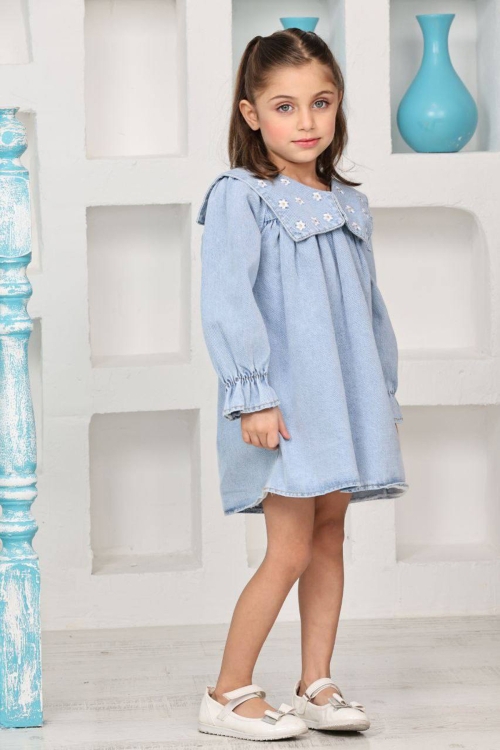 Kız Çocuk Yakası Nakış Papatya Detaylı Jean Elbise 12192