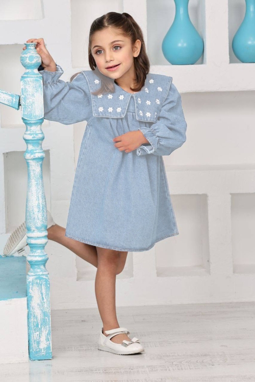 Kız Çocuk Yakası Nakış Papatya Detaylı Jean Elbise 12192