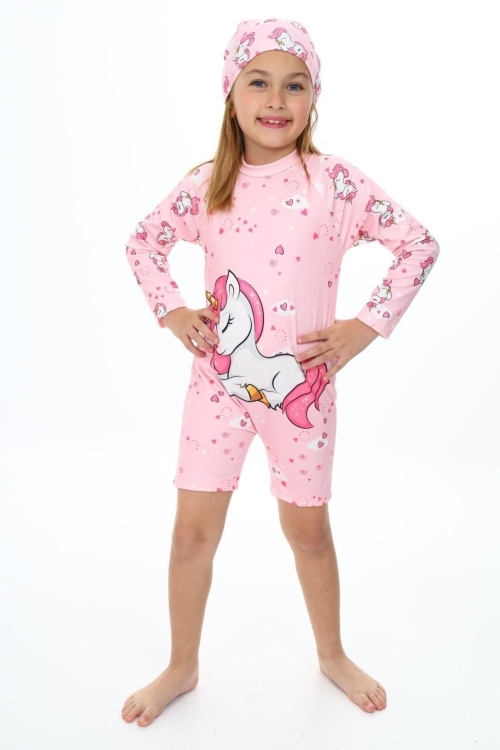 Kız Çocuk Yüzücü Şortlu ve Boneli Mayo Takımı 3-10 Yaş 12222