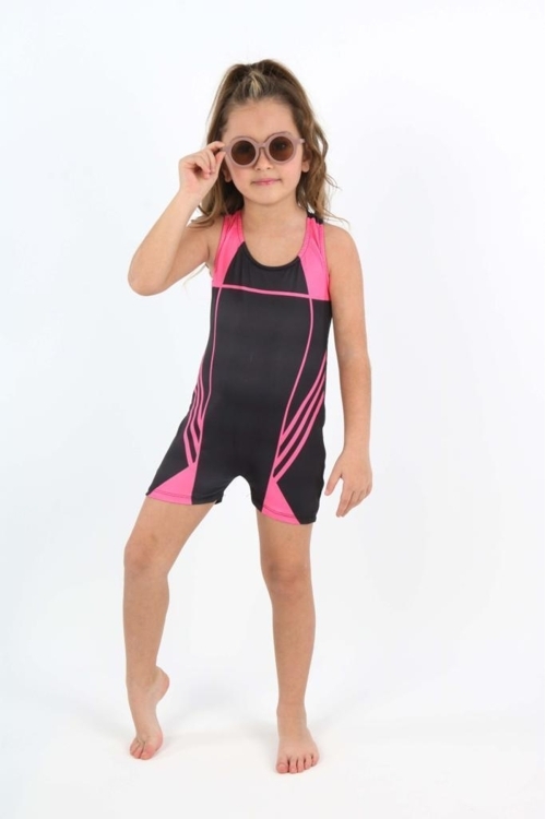 Kız Çocuk Yüzücü Şortlu Tek Parça Tulum Mayo Takımı 5-16 Yaş 12231