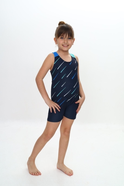 Kız Çocuk Yüzücü Şortlu Tek Parça Tulum Mayo Takımı 5-16 Yaş 12231