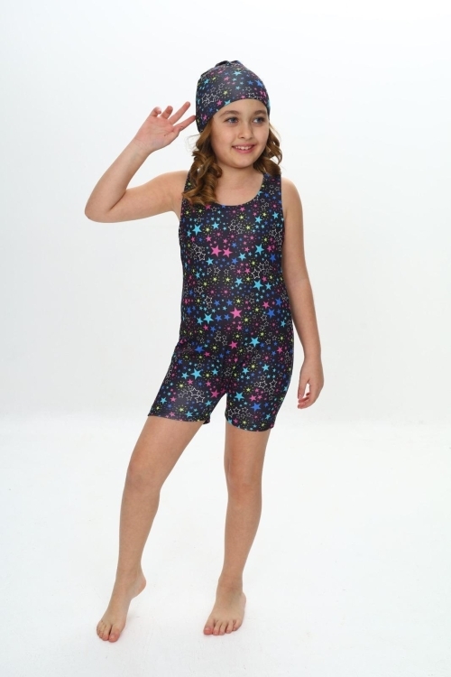 Kız Çocuk Yüzücü Şortlu ve Boneli Tulum Mayo Takımı 5-16 Yaş 12232