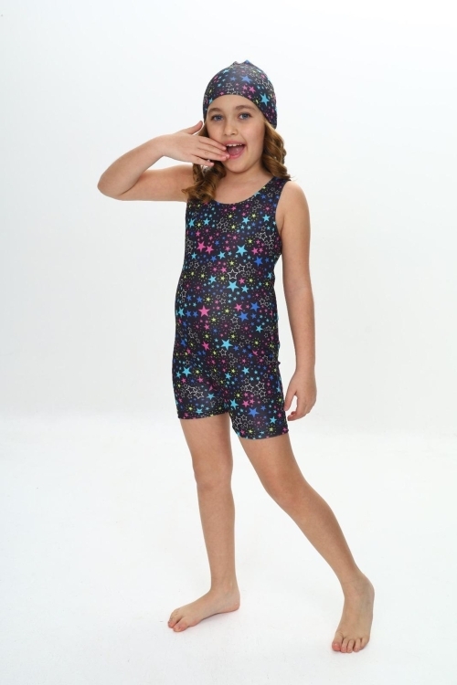 Kız Çocuk Yüzücü Şortlu ve Boneli Tulum Mayo Takımı 5-16 Yaş 12232