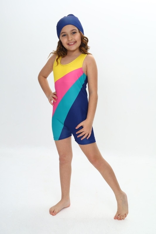 Kız Çocuk Yüzücü Şortlu ve Boneli Tulum Mayo Takımı 5-16 Yaş 12232