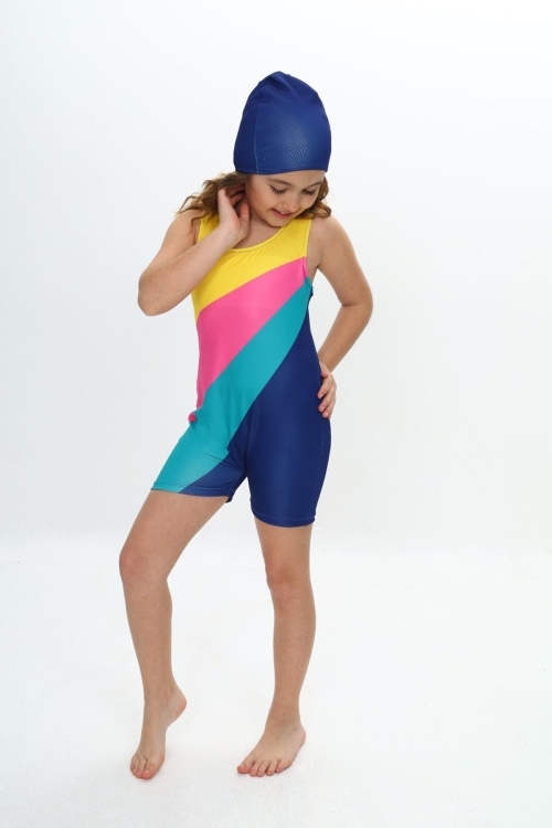 Kız Çocuk Yüzücü Şortlu ve Boneli Tulum Mayo Takımı 5-16 Yaş 12232