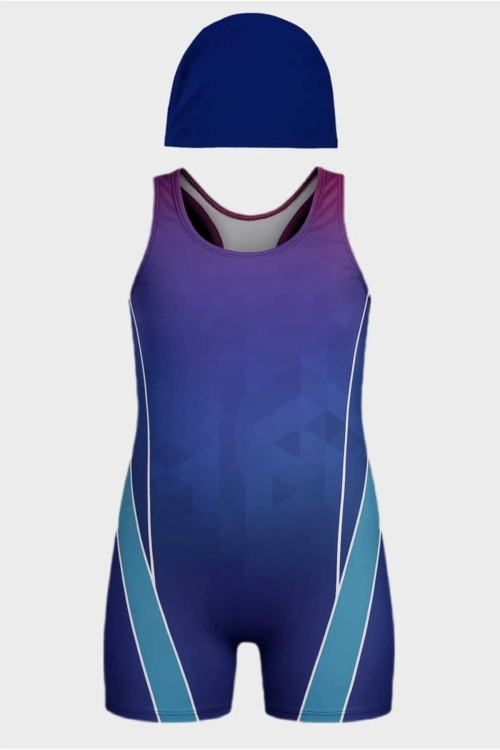 Kız Çocuk Yüzücü Şortlu ve Boneli Tulum Mayo Takımı 5-16 Yaş 12232