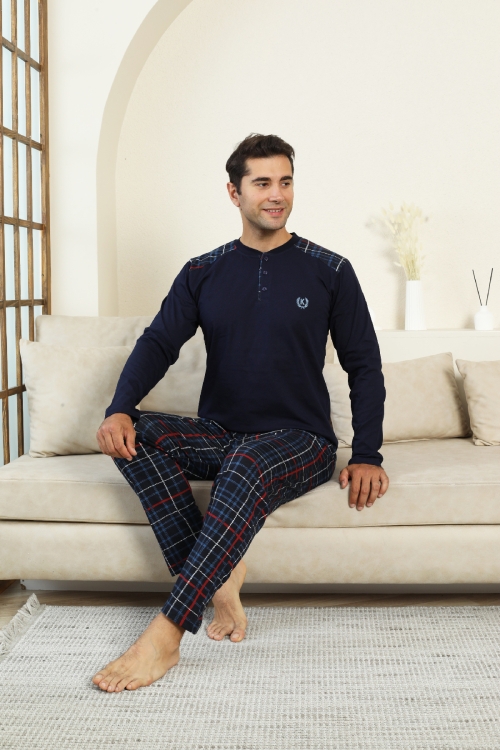 Erkek %100 İnterlok Pamuk Kumaş Ekose Bloklu Pijama Takımı 12481