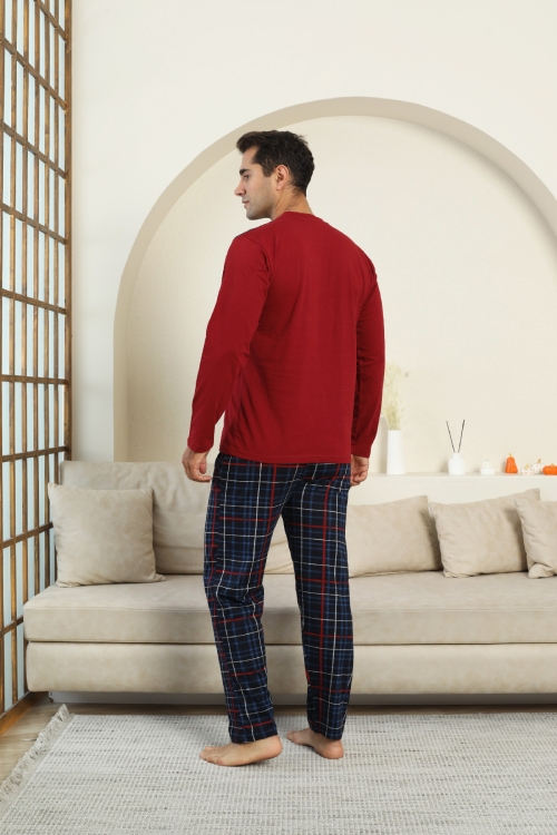 Erkek %100 İnterlok Pamuk Kumaş Ekose Bloklu Pijama Takımı 12481