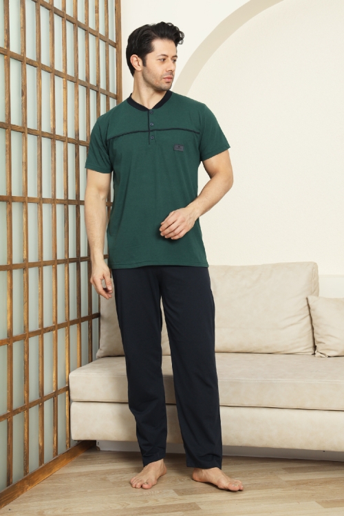 Erkek %100 Pamuk Pijama Takımı -3 Düğmeli-Robalı 12383