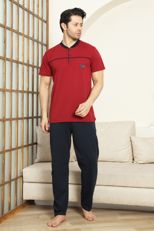 Erkek %100 Pamuk Pijama Takımı -3 Düğmeli-Robalı 12383