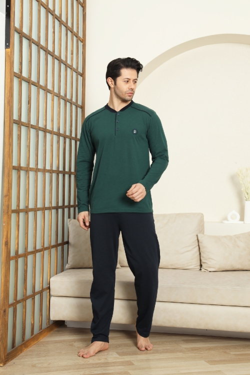 Erkek %100 Pamuklu Pijama Takımı-3 Düğmeli-12440