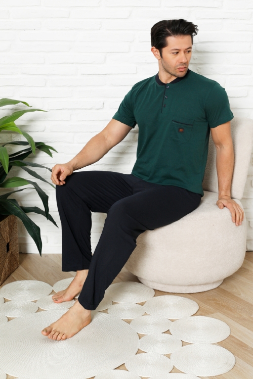 Erkek %100 Pamuklu Pijama Takımı-3 Düğmeli-Yaka Cepli 12384