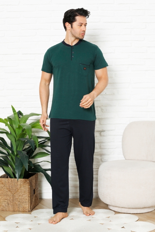 Erkek %100 Pamuklu Pijama Takımı-3 Düğmeli-Yaka Cepli 12384