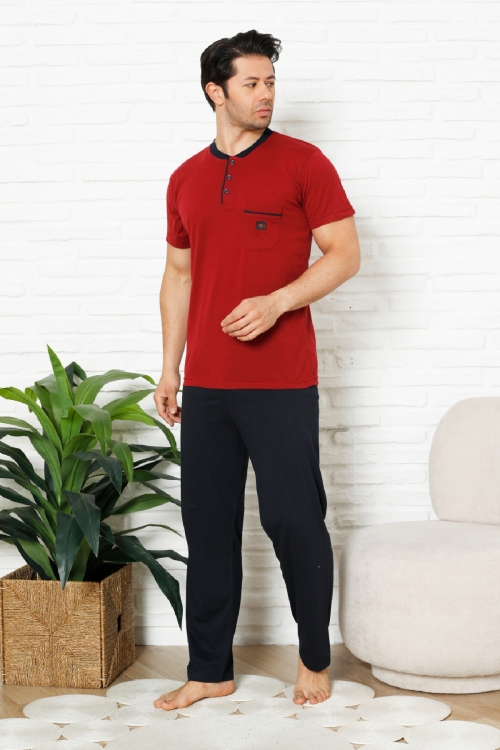 Erkek %100 Pamuklu Pijama Takımı-3 Düğmeli-Yaka Cepli 12384
