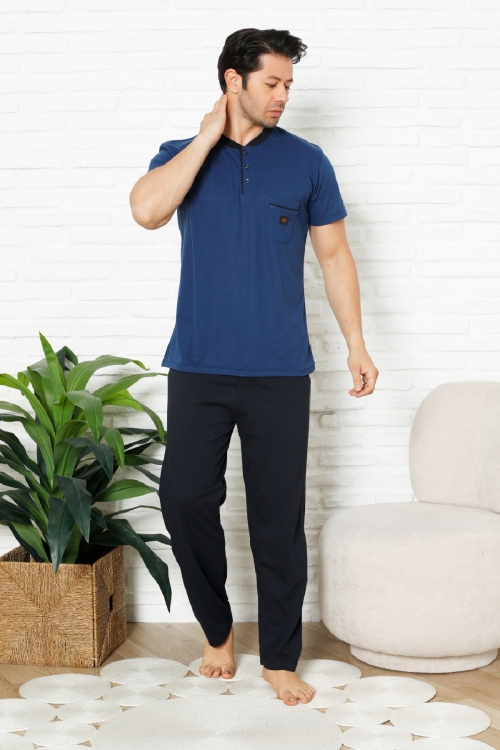 Erkek %100 Pamuklu Pijama Takımı-3 Düğmeli-Yaka Cepli 12384
