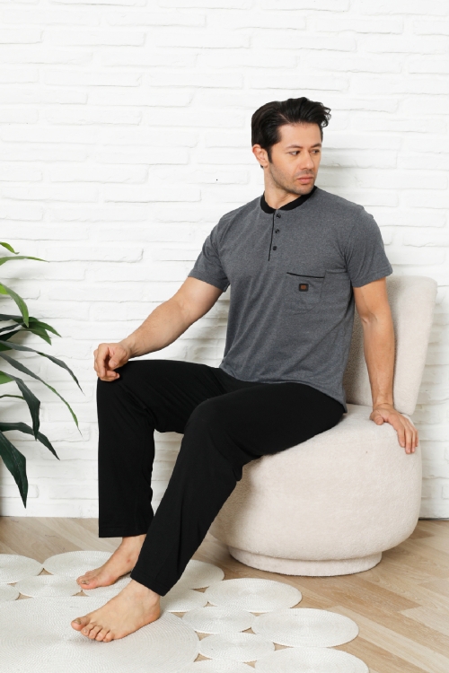 Erkek %100 Pamuklu Pijama Takımı-3 Düğmeli-Yaka Cepli 12384