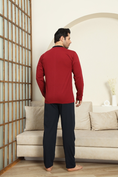 Erkek %100 Pamuklu Pijama Takımı-Robalı ve 3 Düğmeli-12489