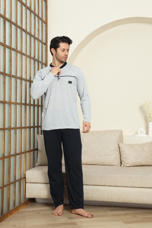 Erkek %100 Pamuklu Pijama Takımı-Robalı ve 3 Düğmeli-12489