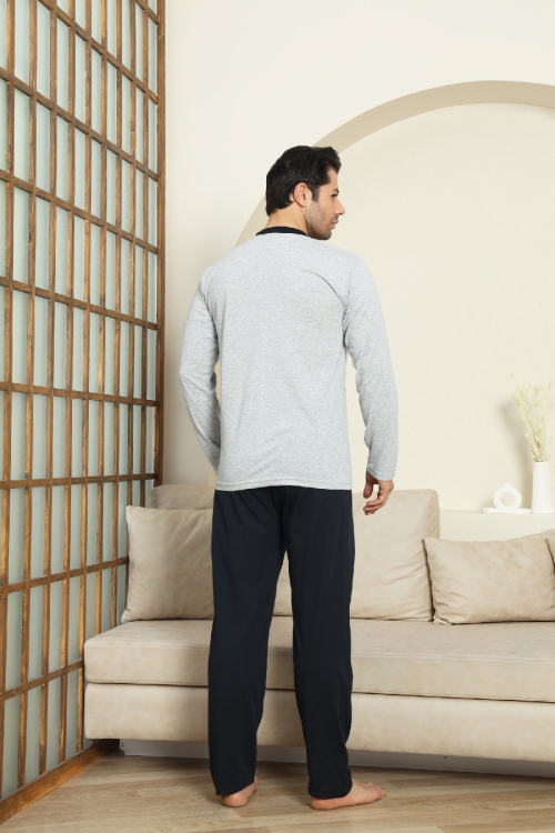 Erkek %100 Pamuklu Pijama Takımı-Robalı ve 3 Düğmeli-12489