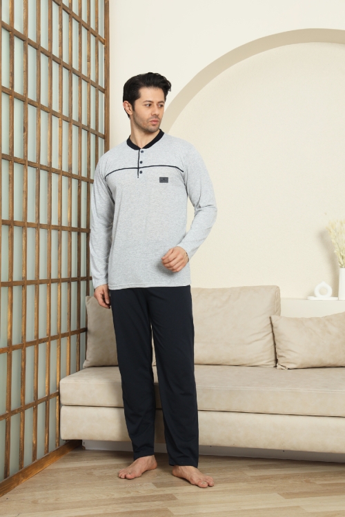 Erkek %100 Pamuklu Pijama Takımı-Robalı ve 3 Düğmeli-12489