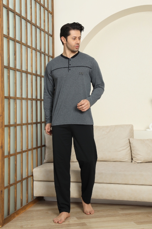 Erkek %100 Pamuklu Pijama Takımı-Robalı ve 3 Düğmeli-12489