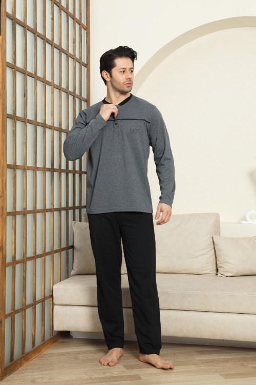 Erkek %100 Pamuklu Pijama Takımı-Robalı ve 3 Düğmeli-12489