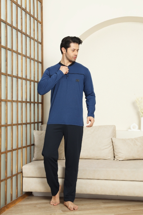 Erkek %100 Pamuklu Pijama Takımı-Robalı ve 3 Düğmeli-12489