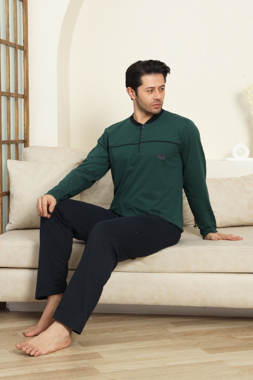 Erkek %100 Pamuklu Pijama Takımı-Robalı ve 3 Düğmeli-12489
