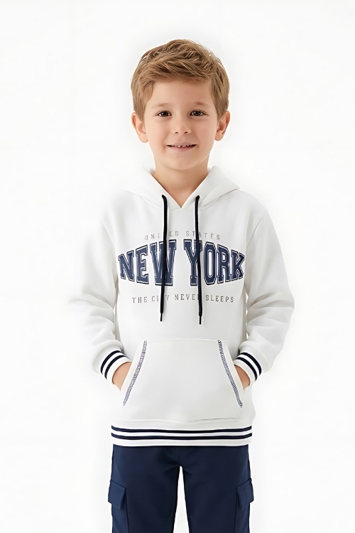 Erkek Çocuk 3 İplik Kapüşonlu Kanguru Cepli Baskılı Sweatshirt 12329