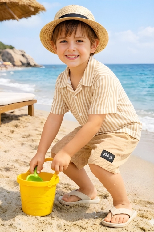 Erkek Çocuk Alt-Üst Takım (Waffle Gömlek+Ottoman Şort) 3-12 Yaş 12569HC