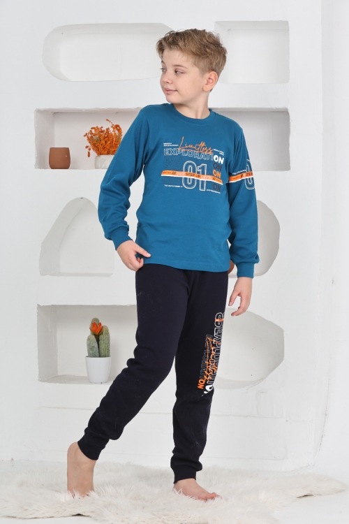 Erkek Çocuk Baskılı %100 Pamuk İnterlok Kumaş Pijama Takımı 12446