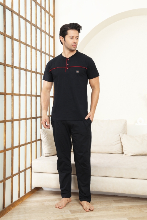 Erkek Pijama Takımı -%100 Pamuk -3 Düğmeli-Yaka Roba Biyeli 12608