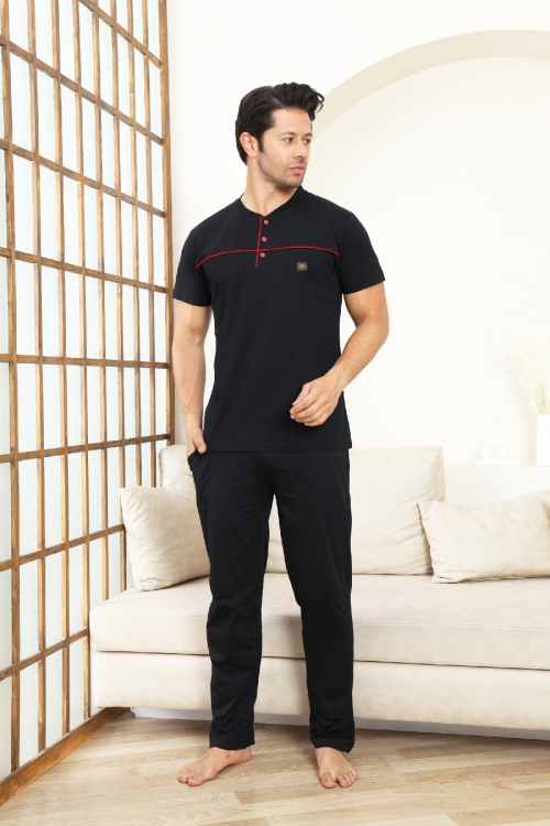 Erkek Pijama Takımı -%100 Pamuk -3 Düğmeli-Yaka Roba Biyeli 12608