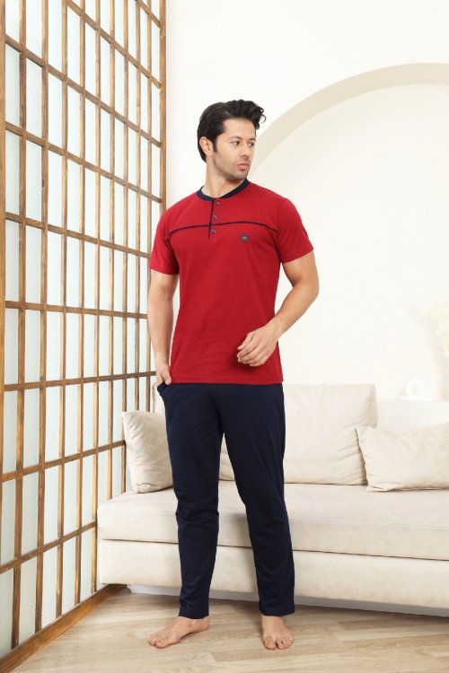 Erkek Pijama Takımı -%100 Pamuk -3 Düğmeli-Yaka Roba Biyeli 12608