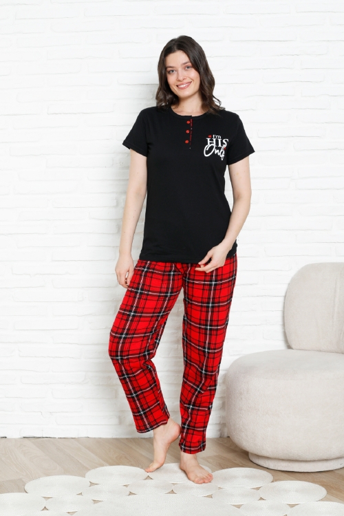 Kadın Pijama Takımı - Ekose Altlı- 3 Düğmeli-%100 Pamuklu 12387