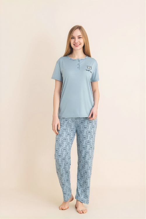 Kadın Pijama Takımı-Menekşe Kumaş-3 Düğmeli-Yaka Baskılı-12606SF